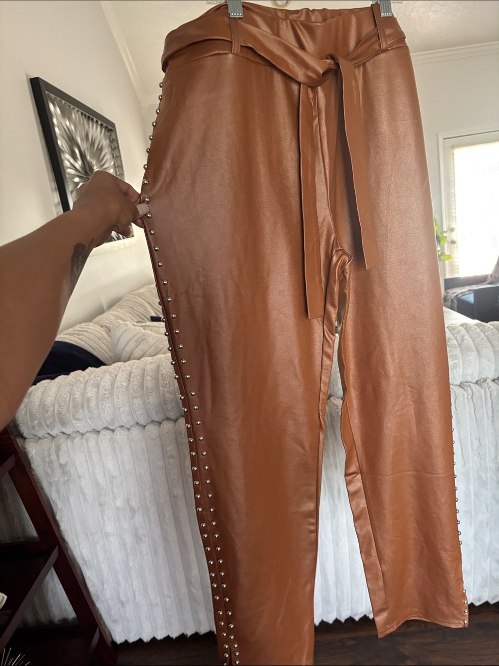 Faux Leather Stud-Trim Tie Waist Pants - Brown